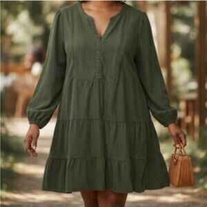 Time and Tru Short tiered olive green corduroy cotton long sleeve plus dress